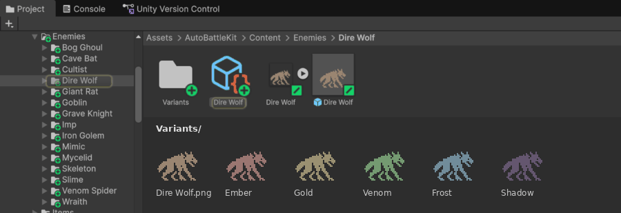 The Project window: one folder per enemy, with its asset, art, prefab and colour variants.