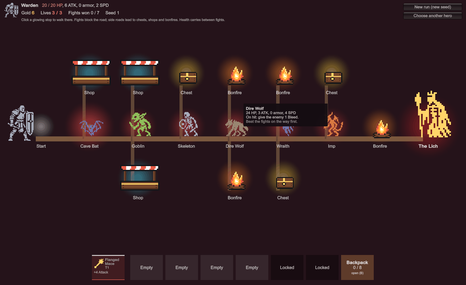 The Adventure demo: travel the road, fight, loot, shop and rest.