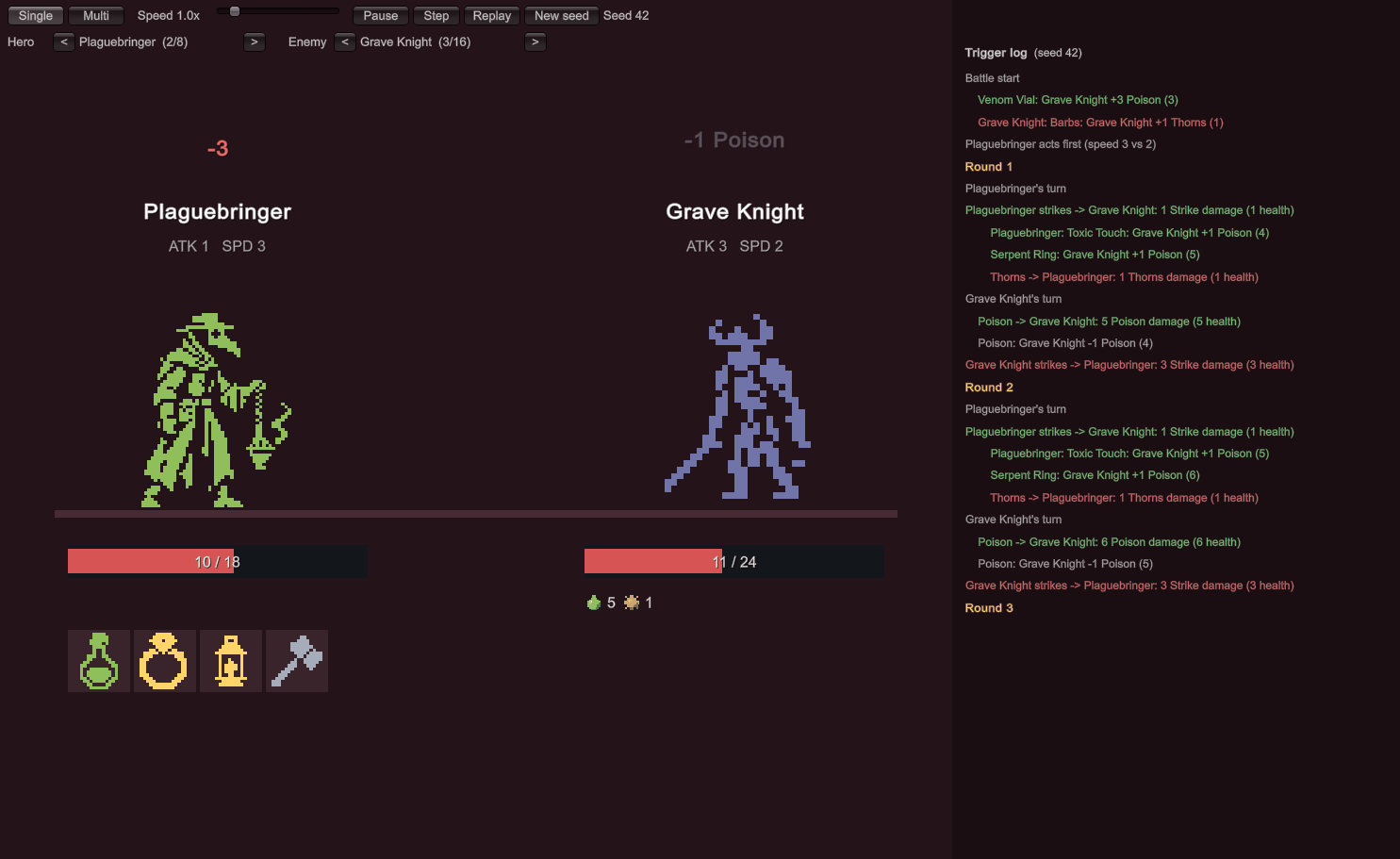 Battle Arena: floating numbers, item flashes, status icons with stacks, and the trigger log.