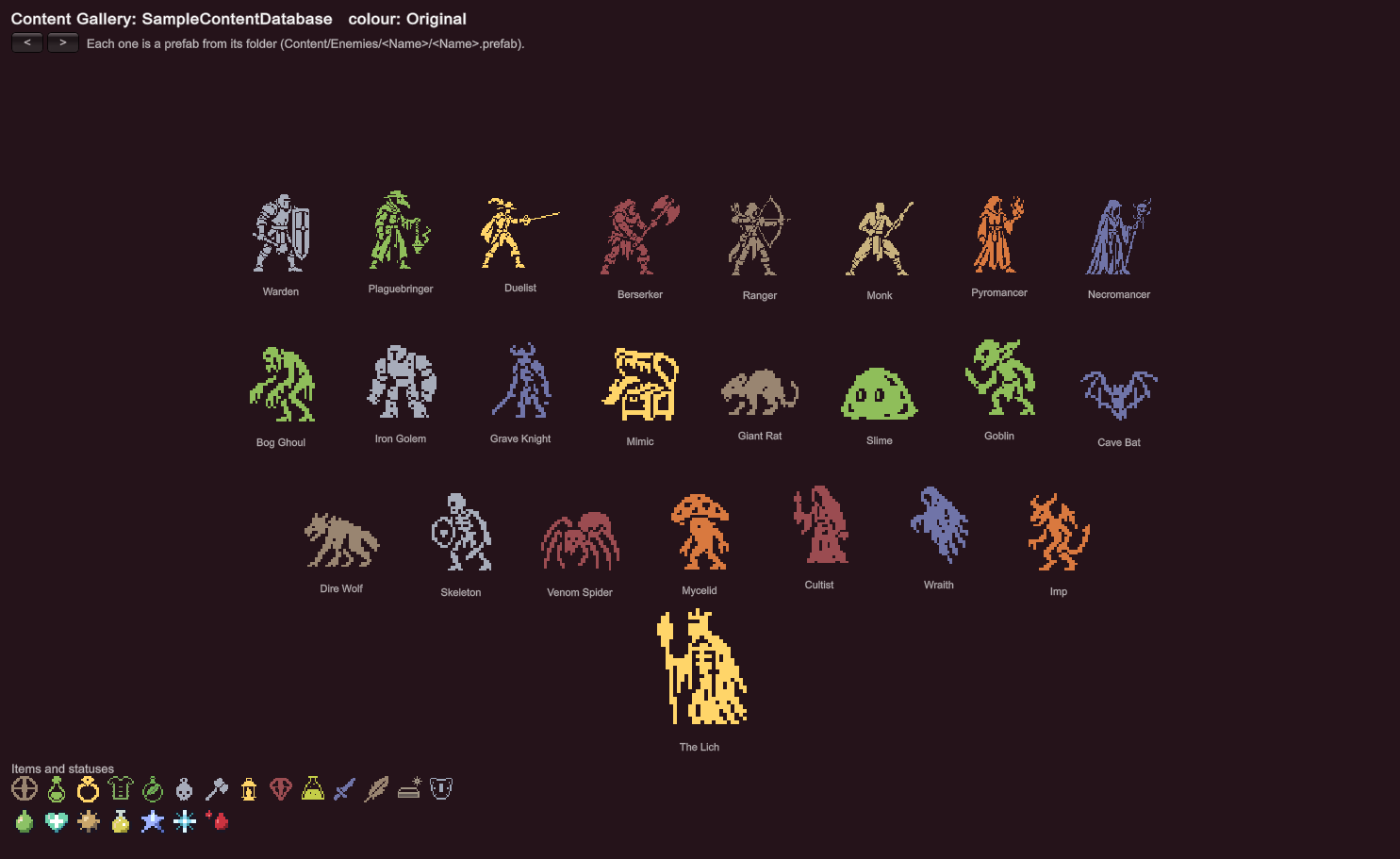Content Gallery in the Scene view: each fighter is a prefab from its own folder.