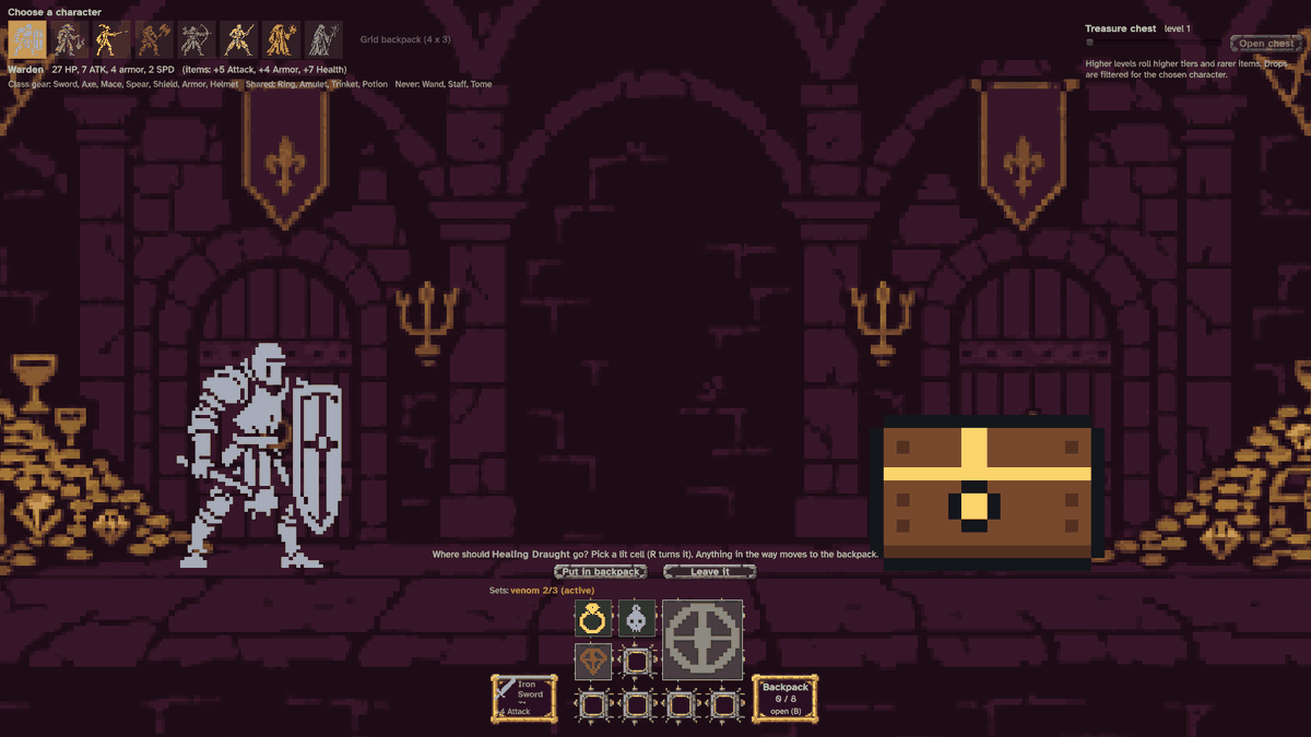 Loot Drop.unity with Grid backpack on: the Round Shield takes 2 x 2, every cell that fits the arriving potion is lit, and the venom set counts the ring and skull.