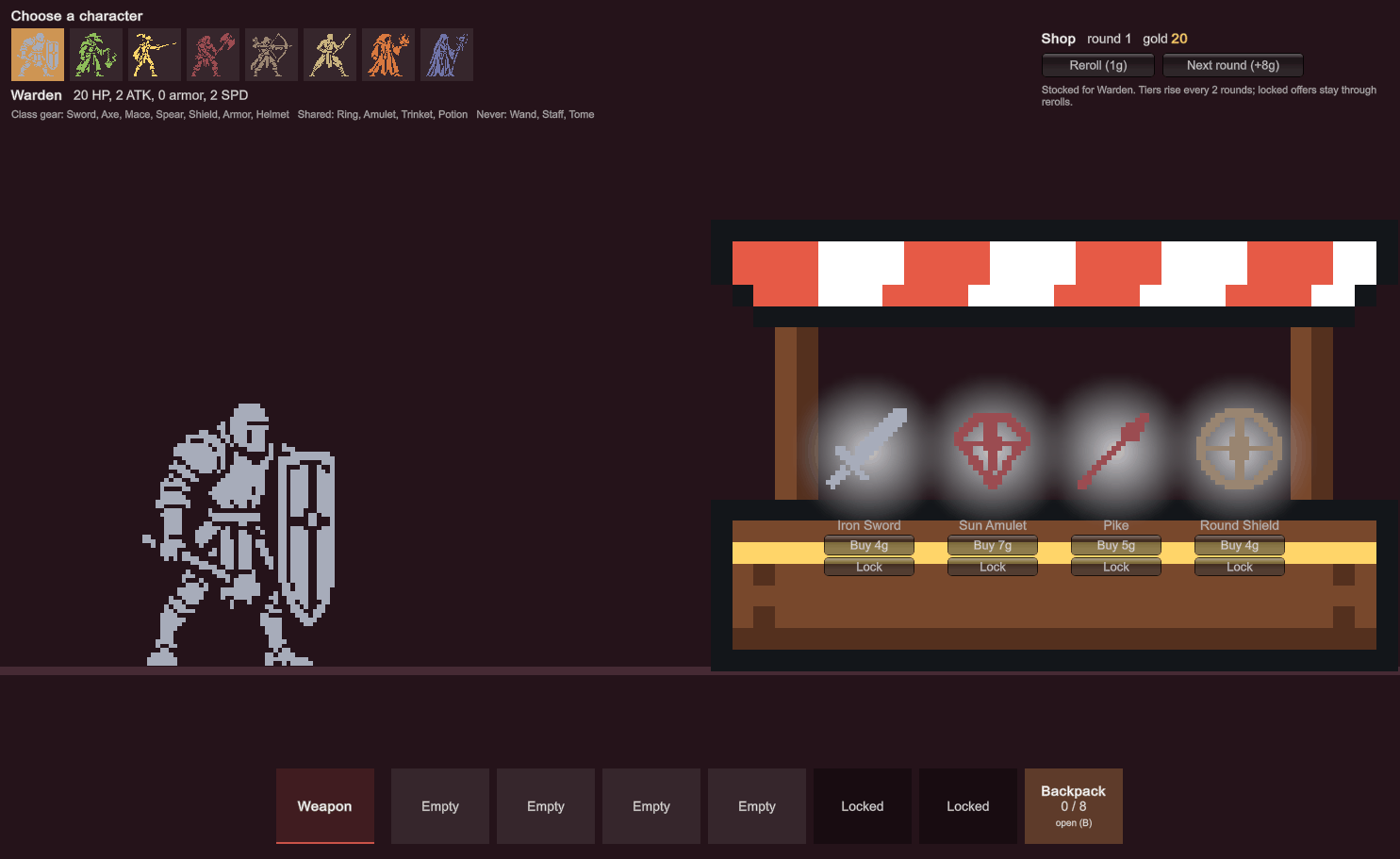 Shop.unity: each hero has a stall stocked for their class.