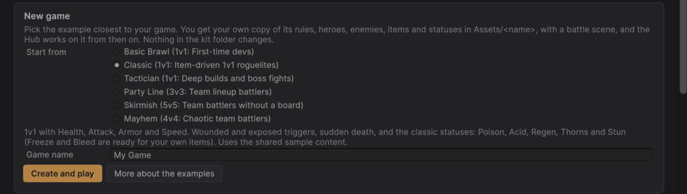 Welcome > New game: pick an example, name your game, Create and play.