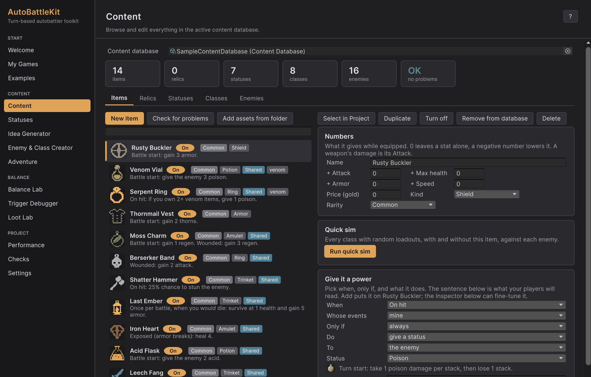 Hub > Content: every item, status, class and enemy with what it does.