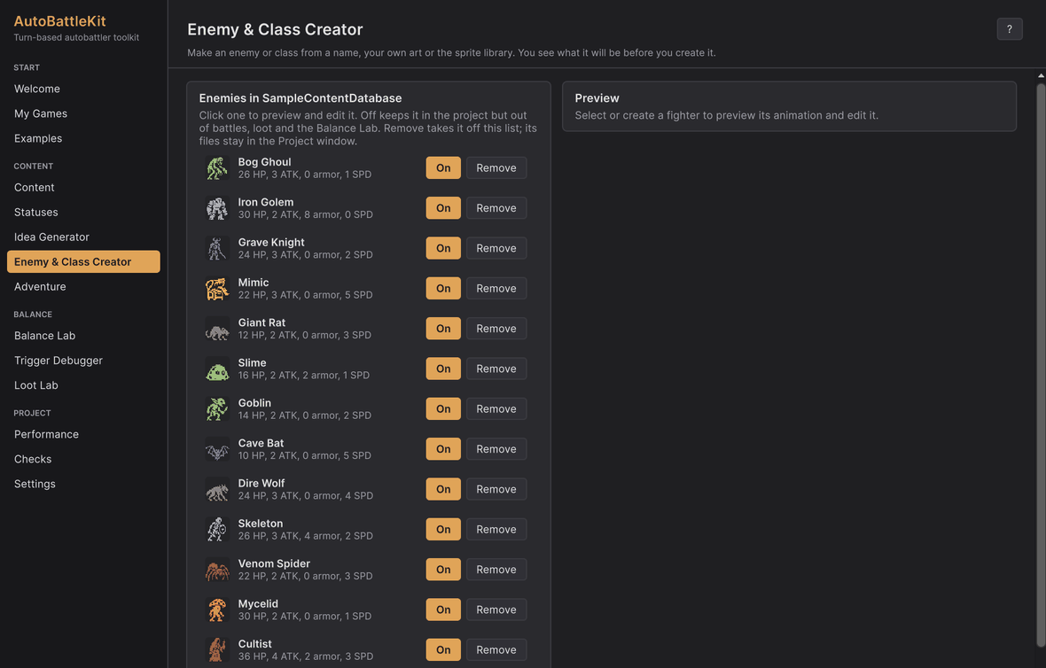 The Creator: your enemies with On and Remove, the form and the library on the left; the preview, its numbers, items and powers on the right.