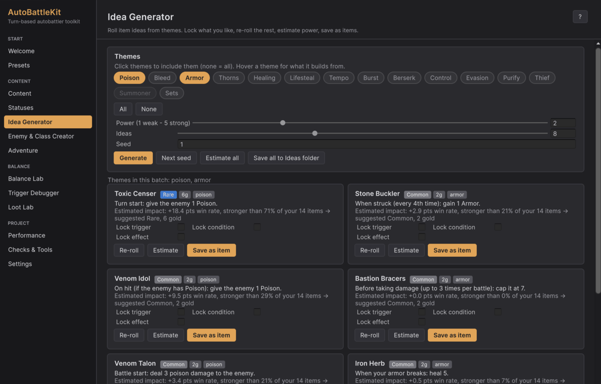 Tick themes, set the power, Generate. Lock what you like and re-roll the rest.