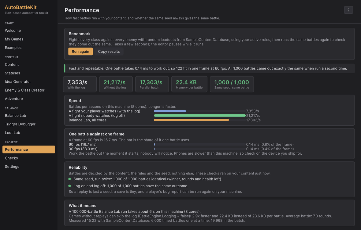 Hub > Performance: the verdict, speed bars, one battle against one frame, and the reliability checks.