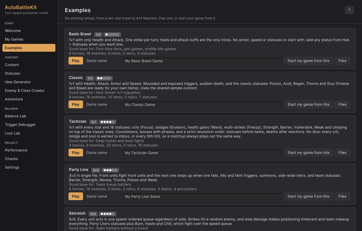 Hub > Examples: play an example, or start your game from it.