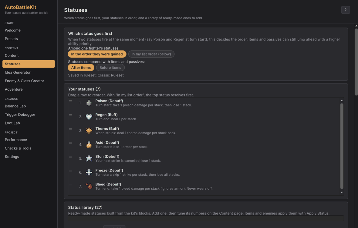 Hub > Statuses: your statuses in resolution order, and the library below.