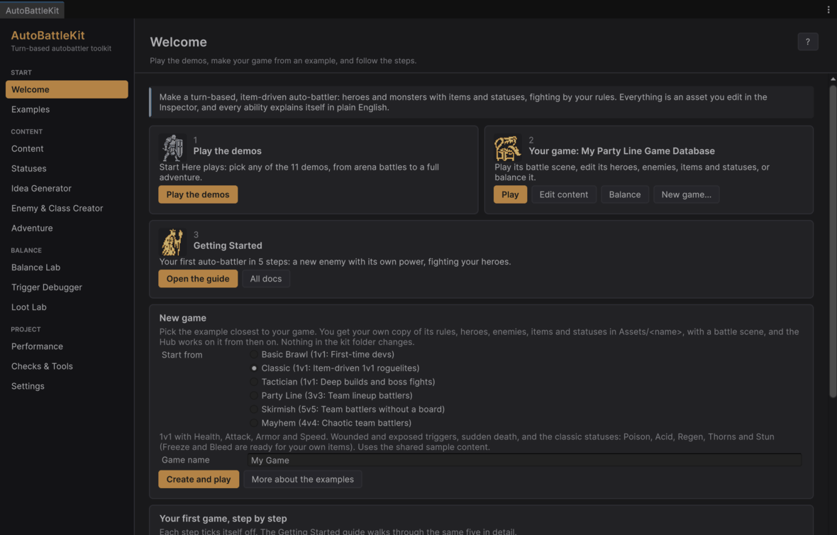The Hub's Welcome page: play the demos, make your game from an example, and tick off the first steps.