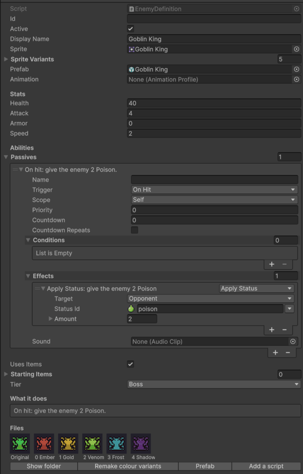 An enemy's Inspector: stats, abilities, What it does, and the Files box with its art and colours.